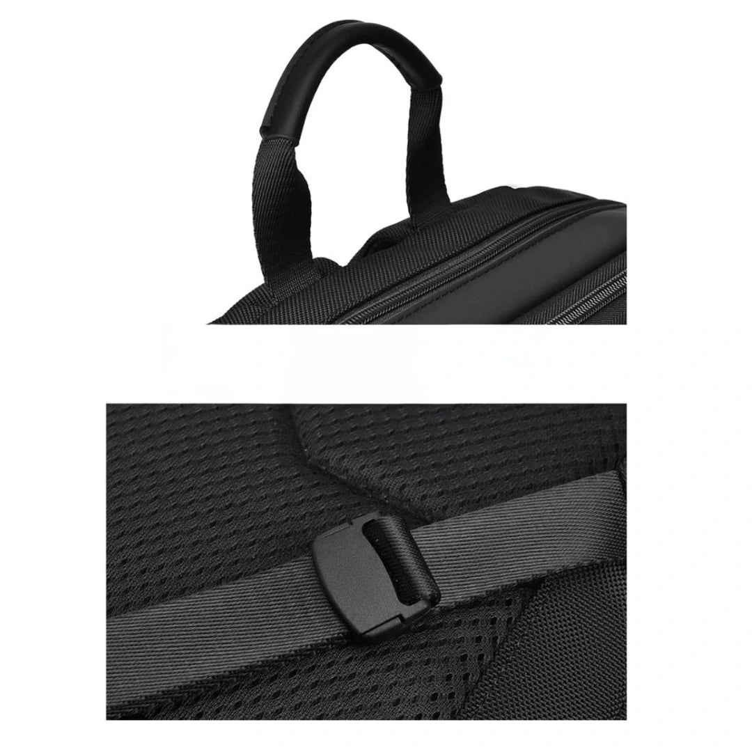Close-up of a black backpack handle and shoulder strap on a white background