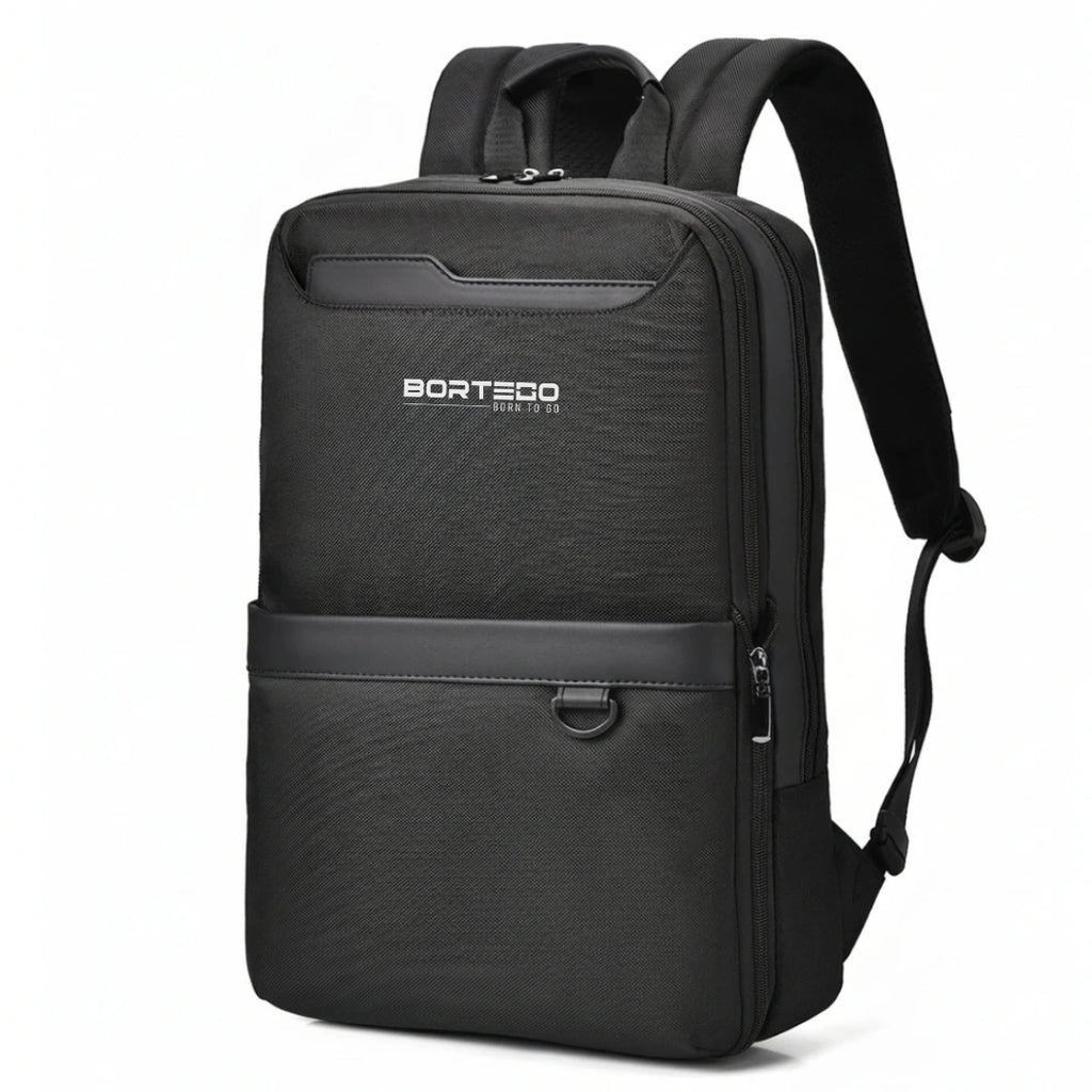 Black backpack with visible brand logo on a white background