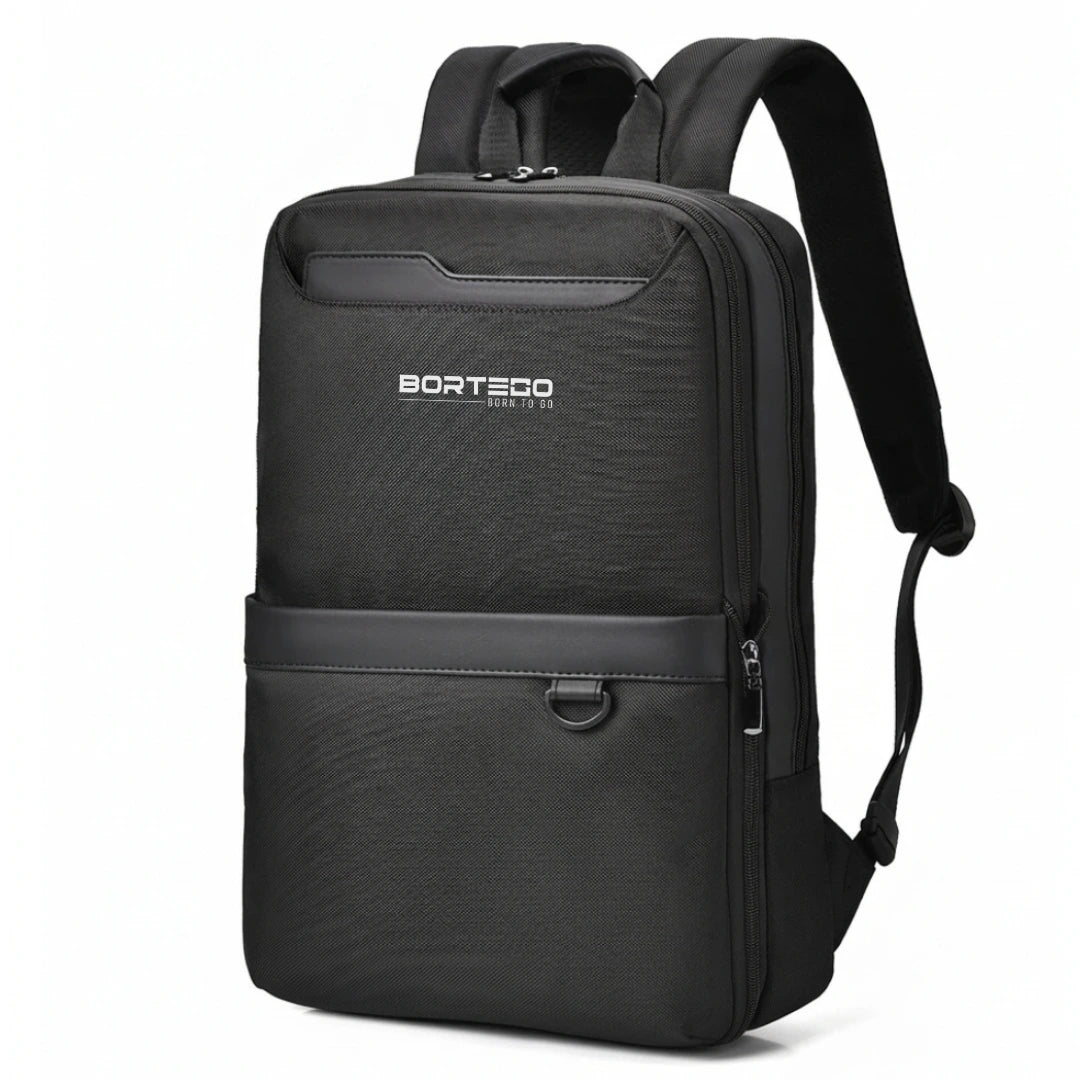 Black backpack with visible brand logo on a white background