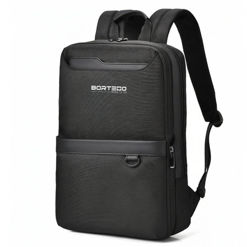 Black backpack with visible brand logo on a white background
