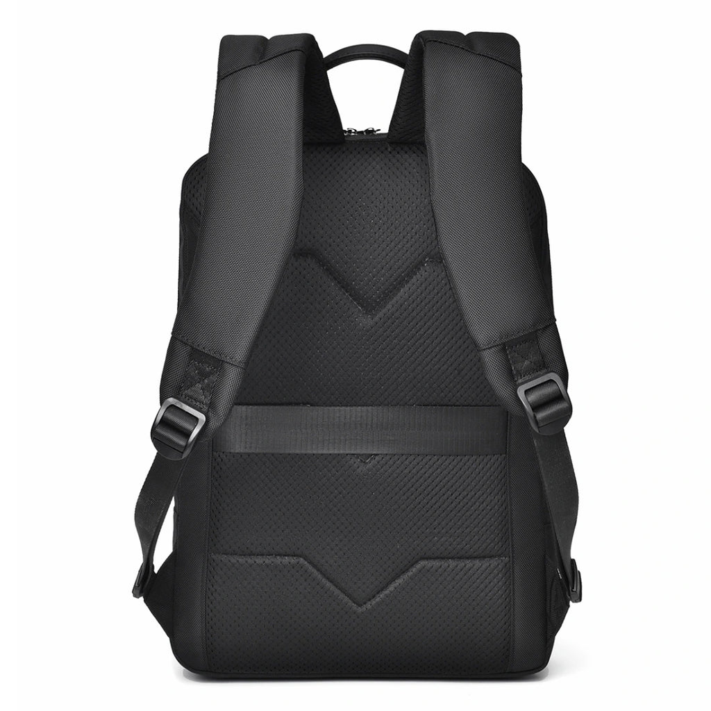 Black backpack with a textured pattern on a white background