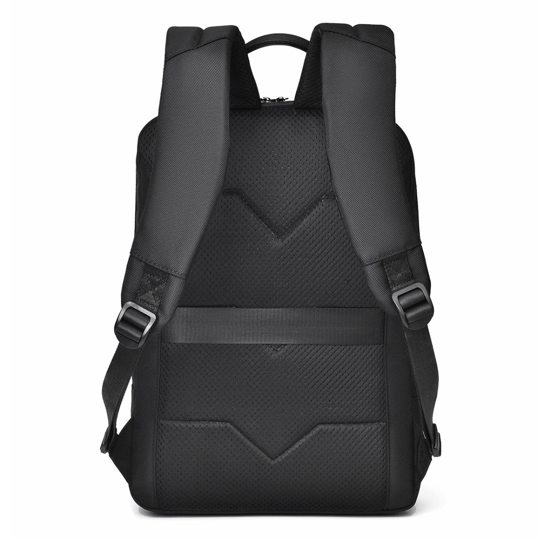 Black backpack with a textured pattern on a white background
