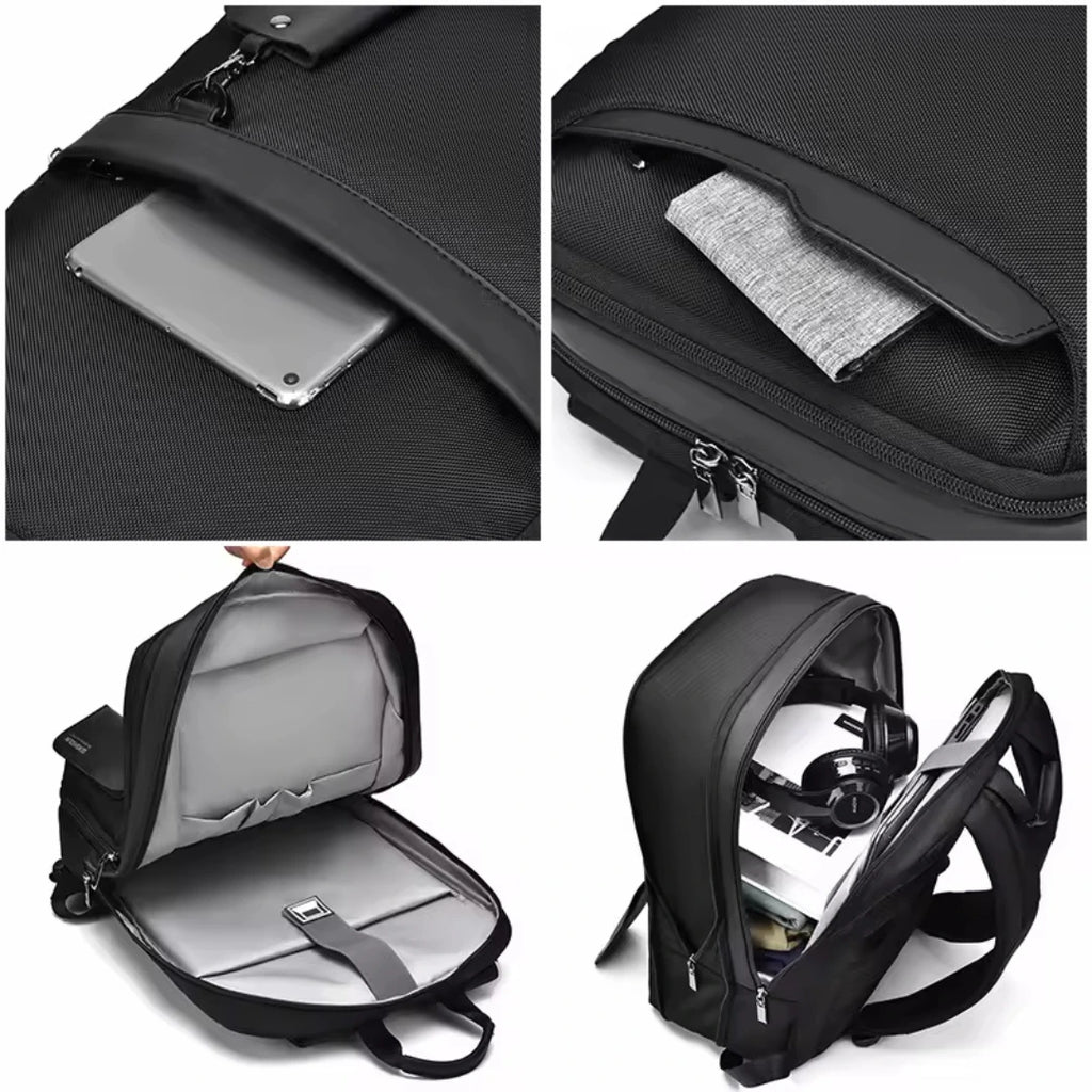 Black backpack with various compartments and items inside, including a tablet and a helmet.
