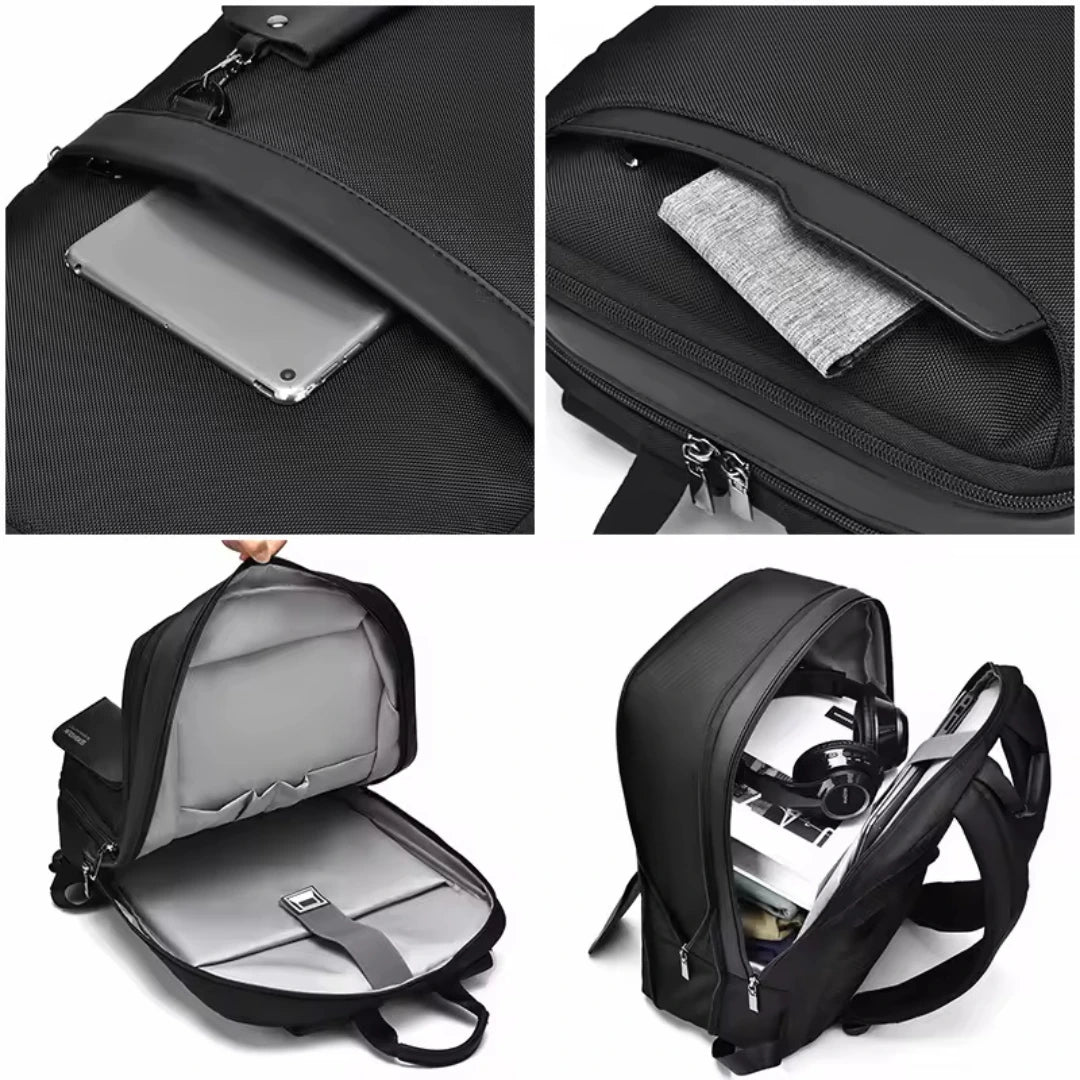 Black backpack with various compartments and items inside, including a tablet and a helmet.