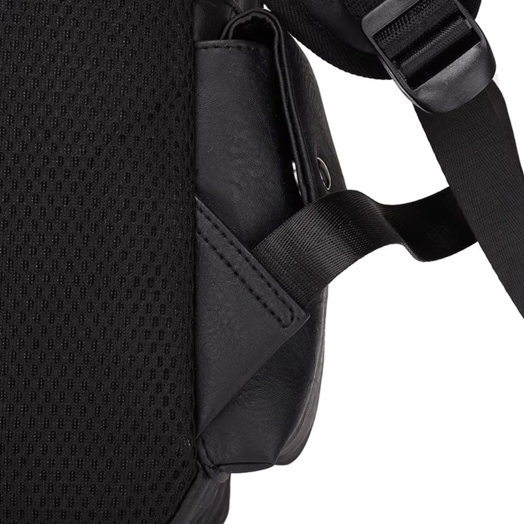 Close-up of a black backpack with a shoulder strap on a white background