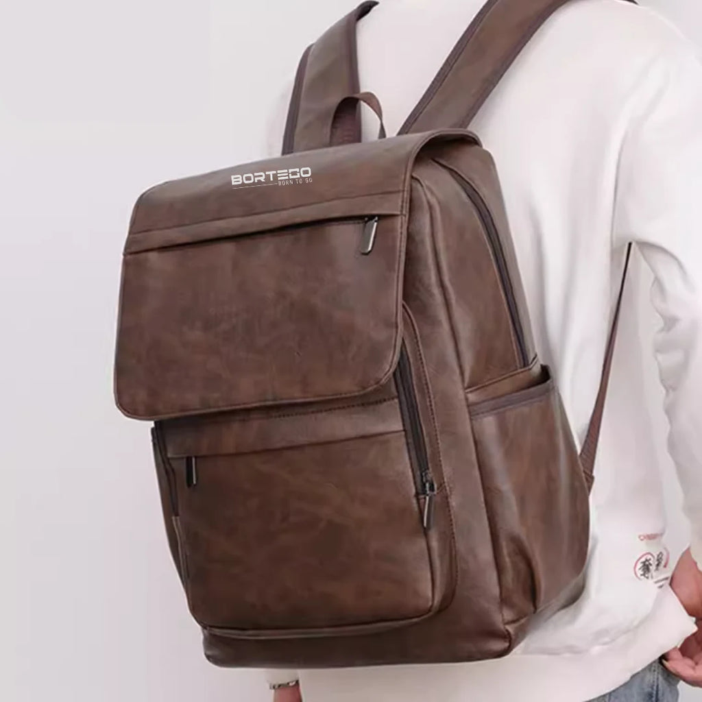 Brown backpack with 'Bortego' branding on a white background