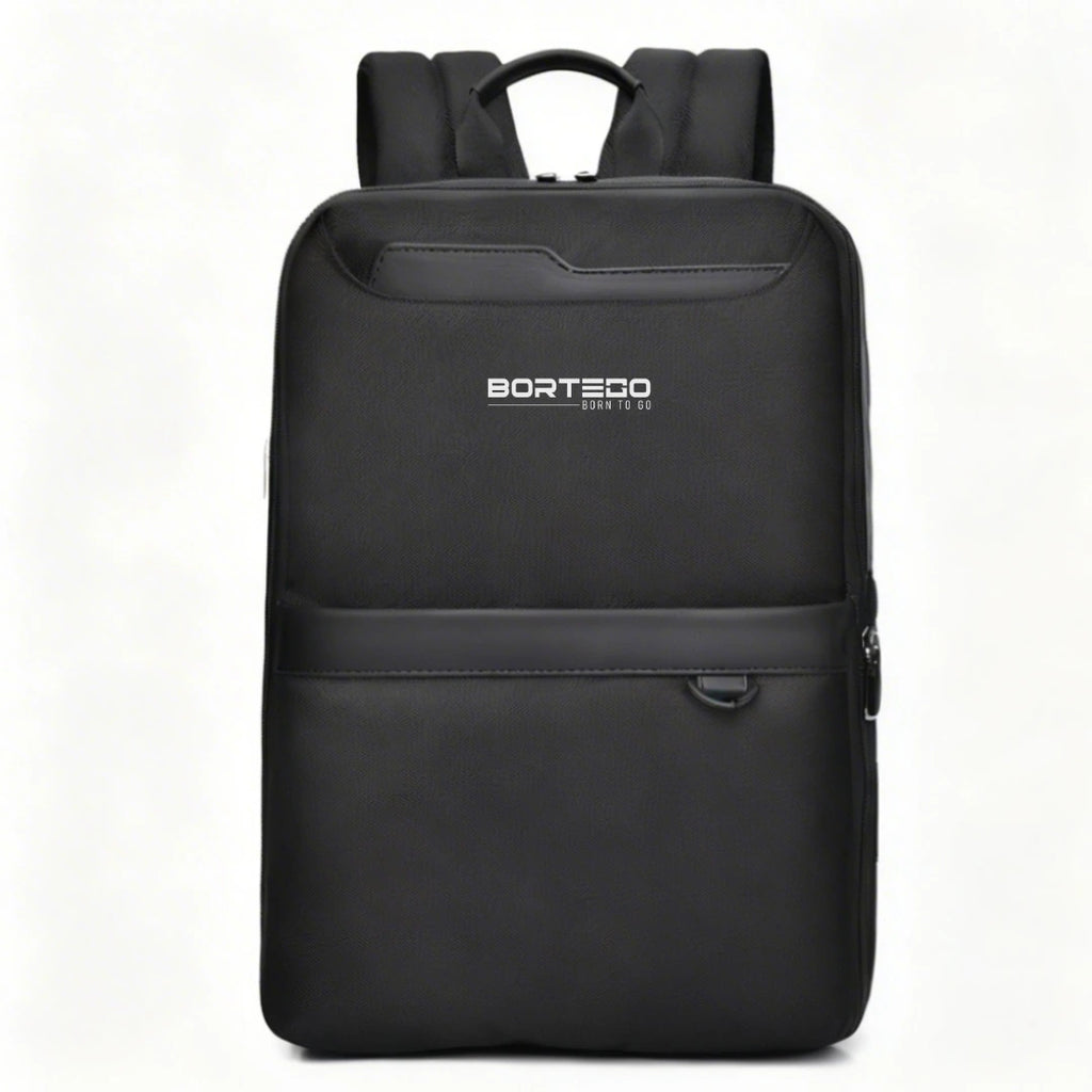 Black backpack with 'Bortego' branding on a white background