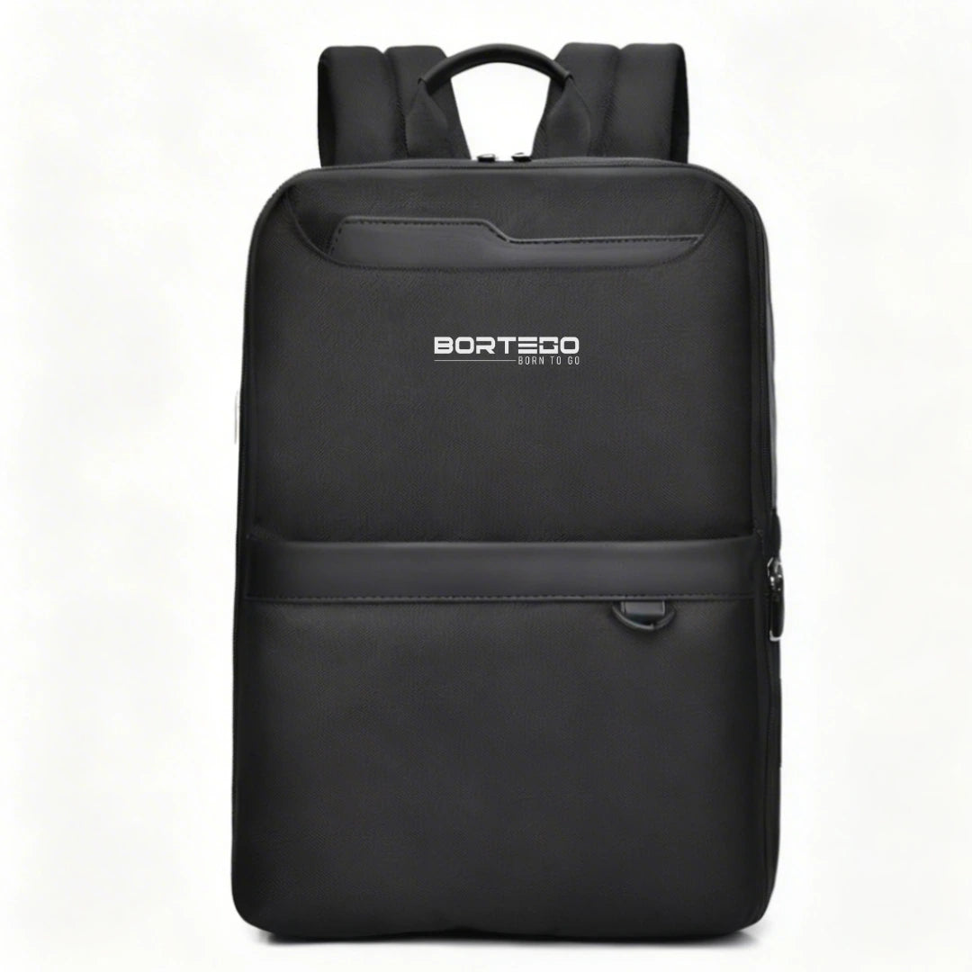 Black backpack with 'Bortego' branding on a white background