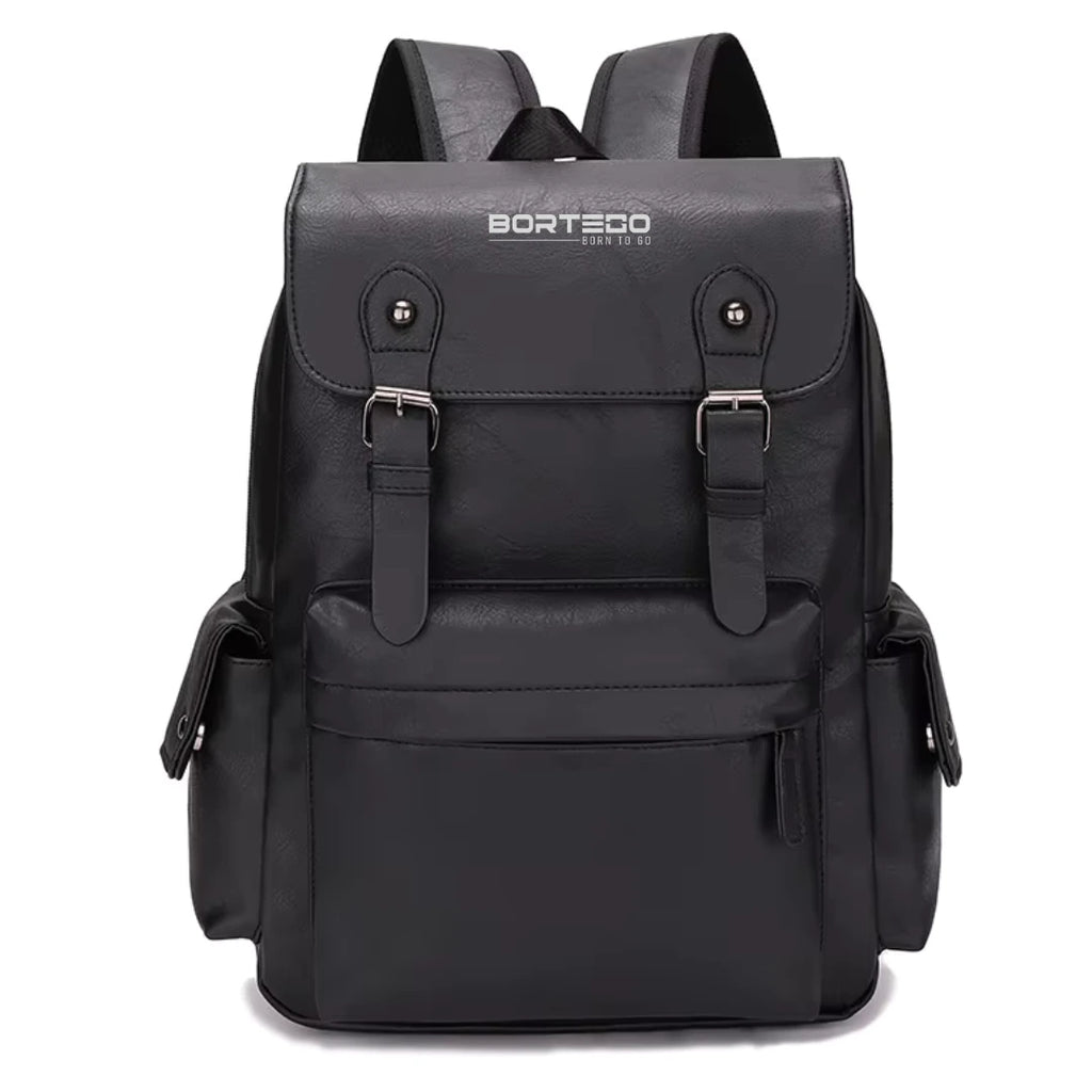 Black backpack with visible brand logo on a white background