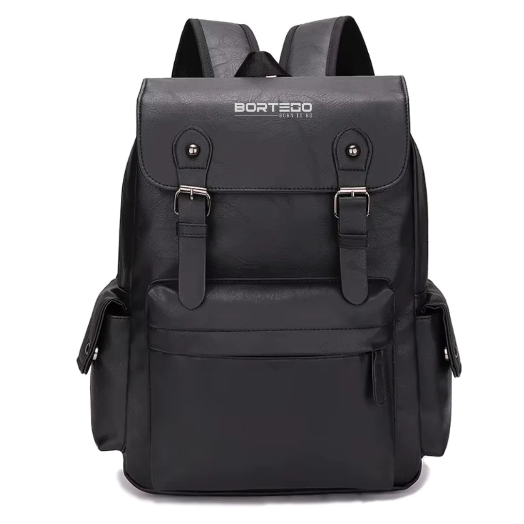 Black backpack with visible brand logo on a white background