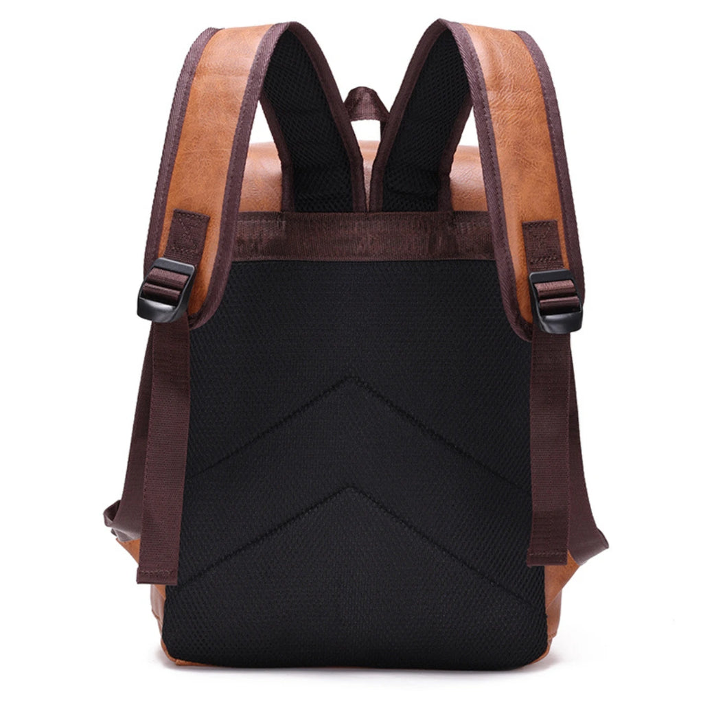 Black backpack with brown straps on a white background