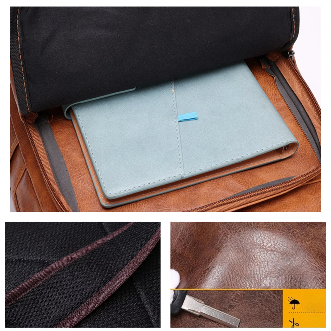 Collage of a brown leather bag with a light blue wallet, close-up of black mesh lining, and brown leather texture.