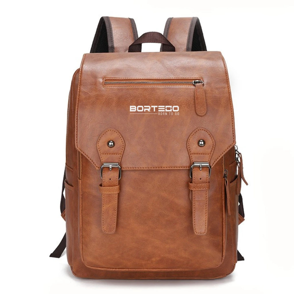 Brown leather backpack with visible brand logo on a white background