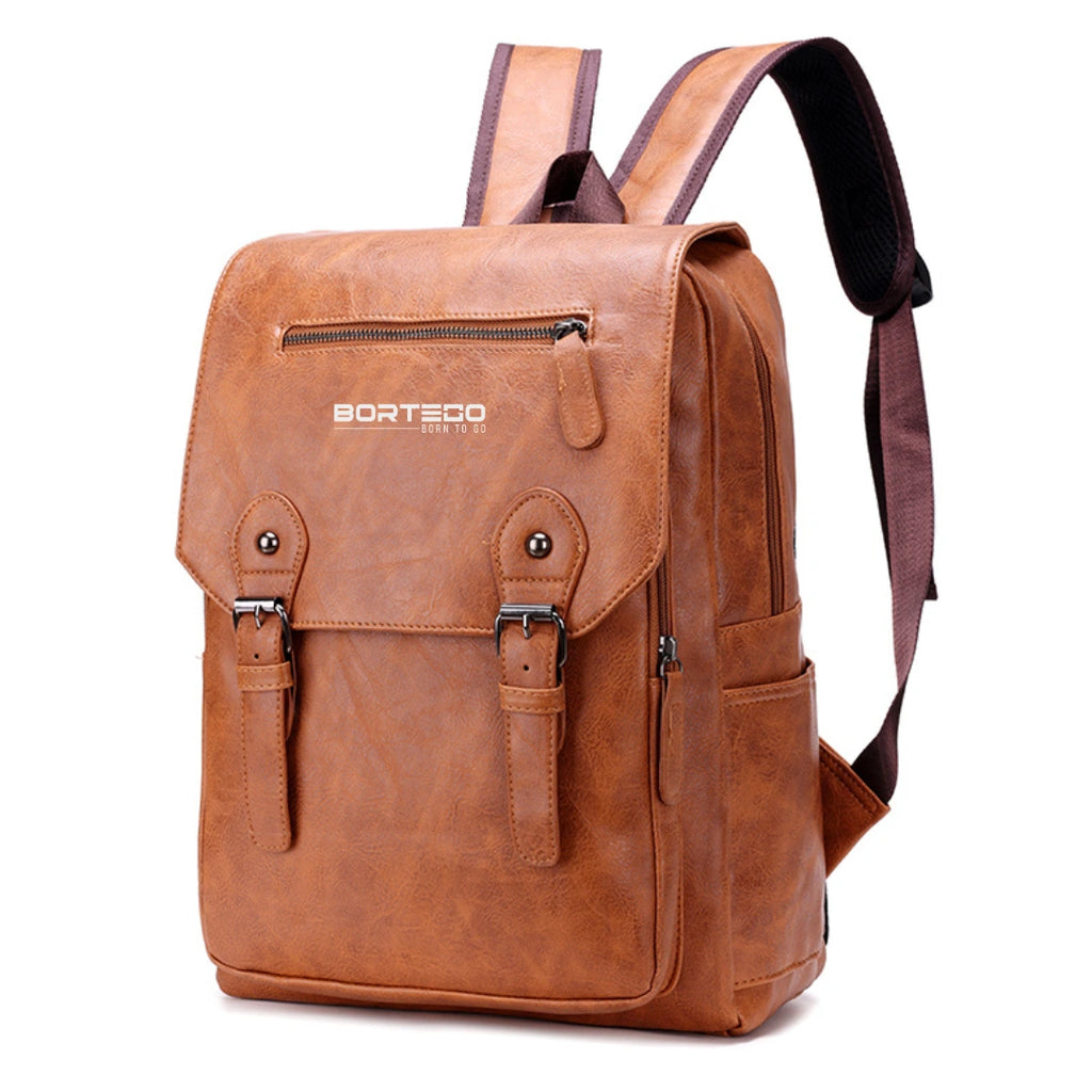 Brown leather backpack with visible brand logo on a white background