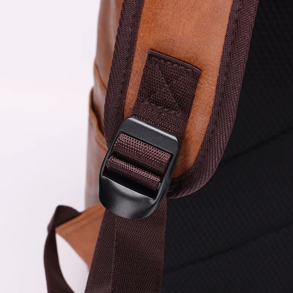 Close-up of a brown backpack strap with a buckle on a white background