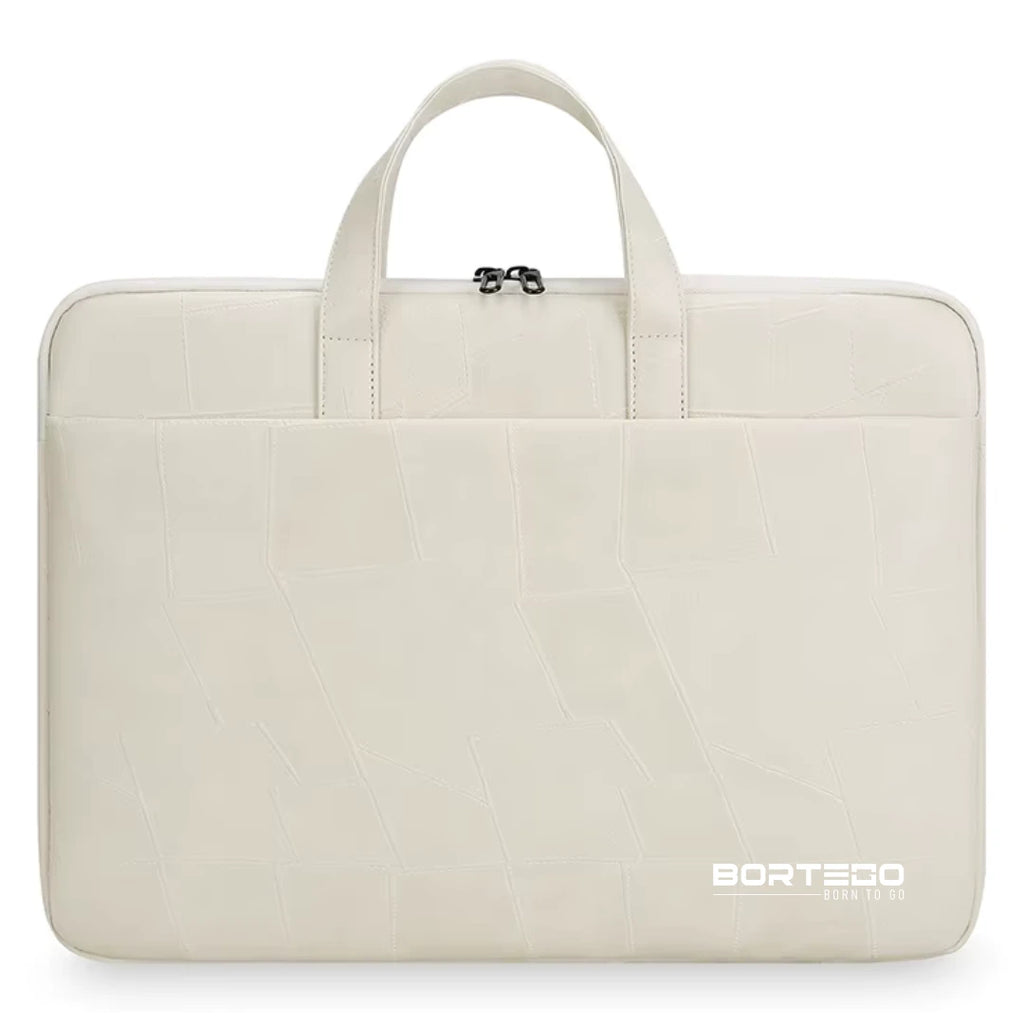 An off-white laptop sleeve with a textured crocodile pattern, featuring dual top handles and a zippered closure, with the BORTEGO logo printed in white on the bottom right.