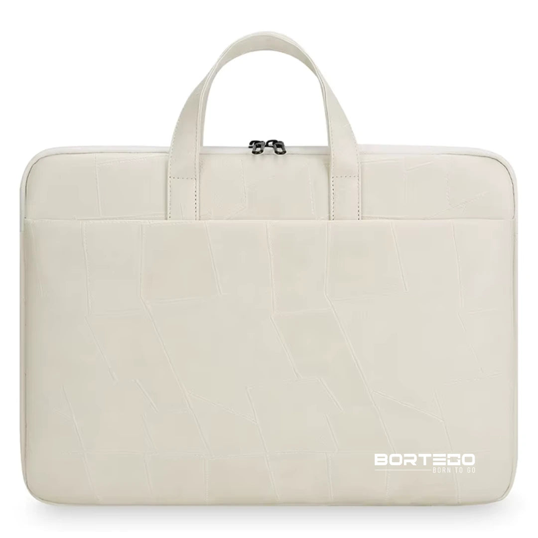 An off-white laptop sleeve with a textured crocodile pattern, featuring dual top handles and a zippered closure, with the BORTEGO logo printed in white on the bottom right.