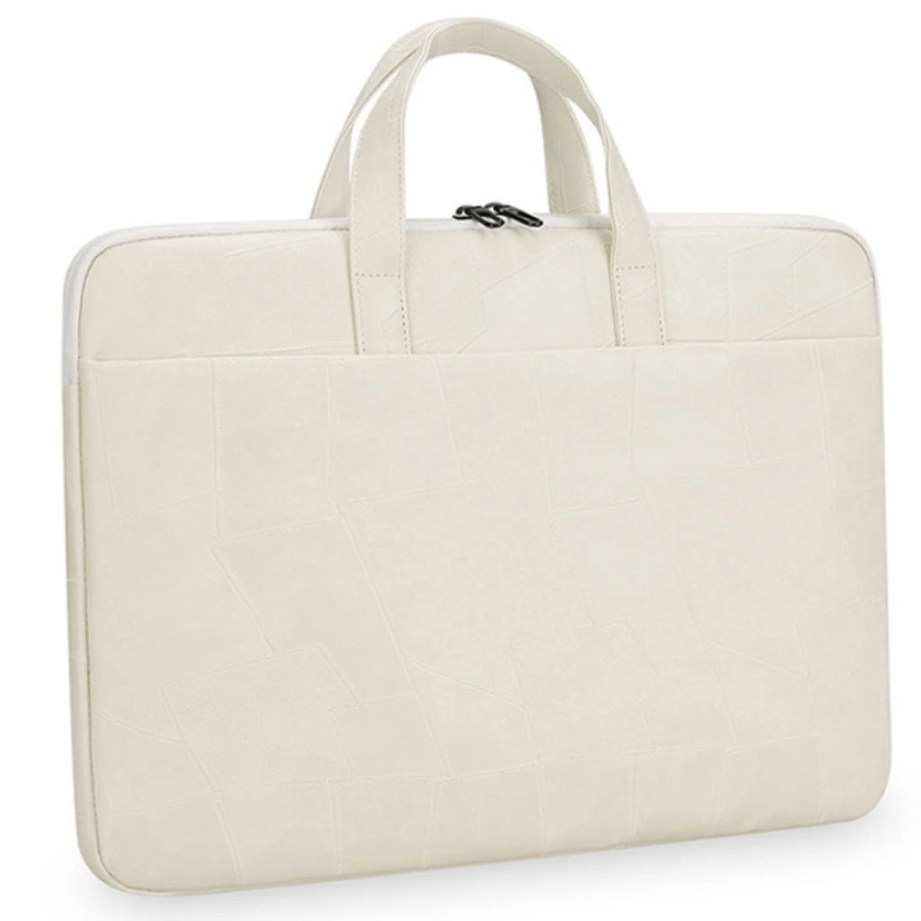 An off-white faux leather laptop sleeve with dual top handles and a zippered closure, shown on a plain white background.