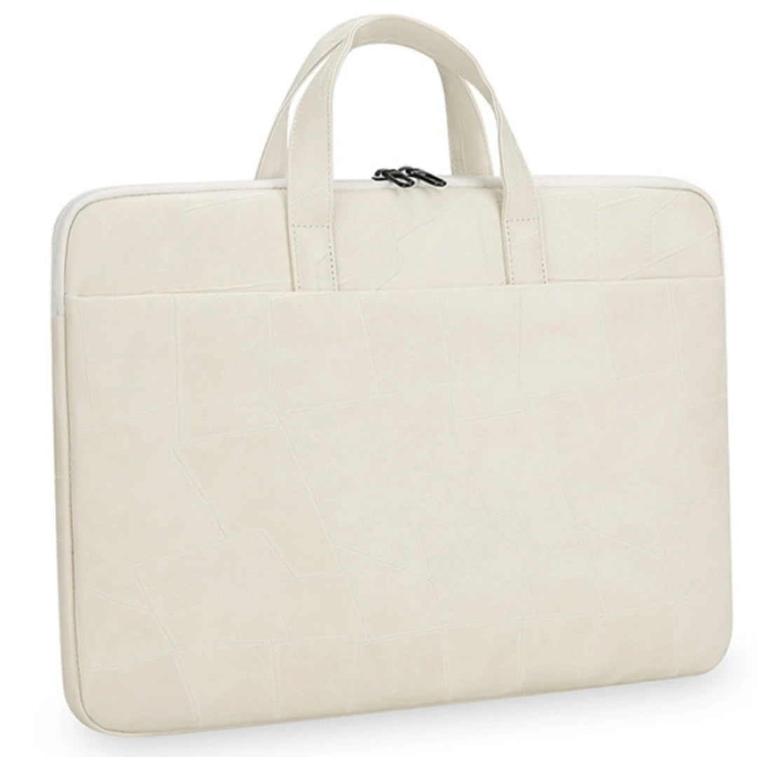 An off-white faux leather laptop sleeve with dual top handles and a zippered closure, shown on a plain white background.
