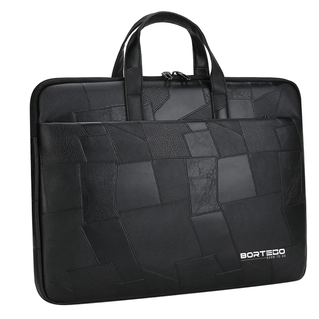 A black BORTEGO laptop sleeve featuring a geometric patchwork leather design, dual top handles, and a front slip pocket, shown on a plain white background.