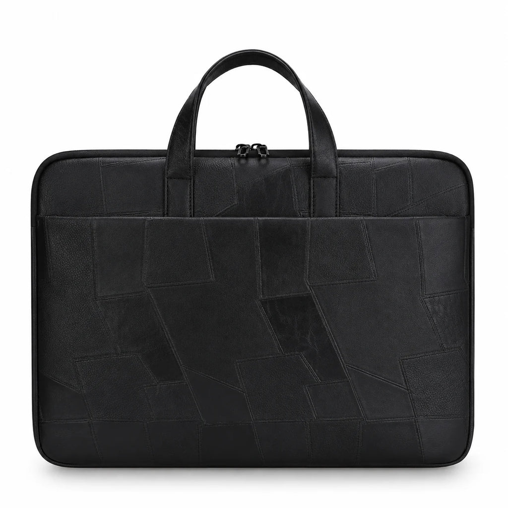 Black textured laptop sleeve with dual top handles, shown against a plain white background.