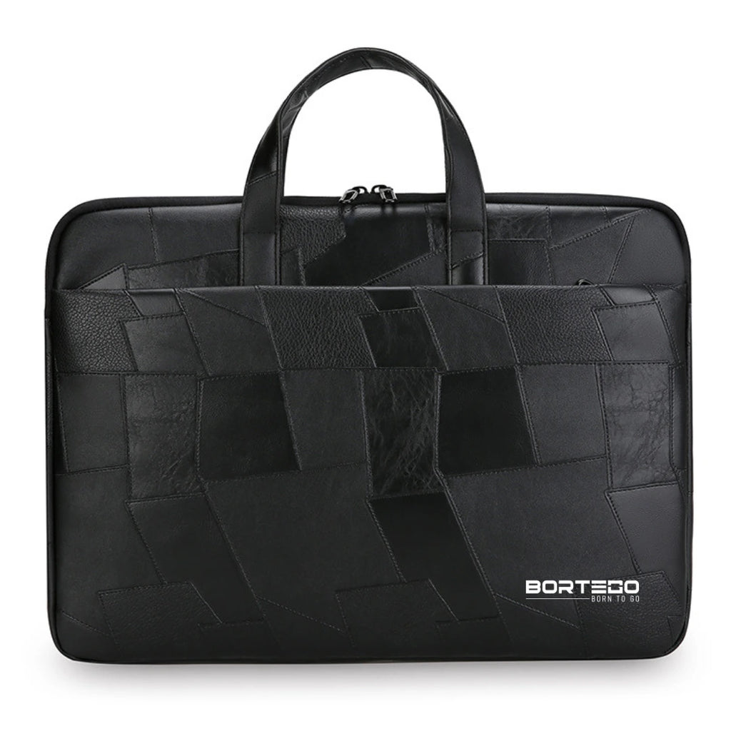 A black Bortego laptop sleeve featuring a geometric patchwork leather design with two top handles, shown against a plain white background.