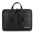A black Bortego laptop sleeve featuring a geometric patchwork leather design with two top handles, shown against a plain white background.