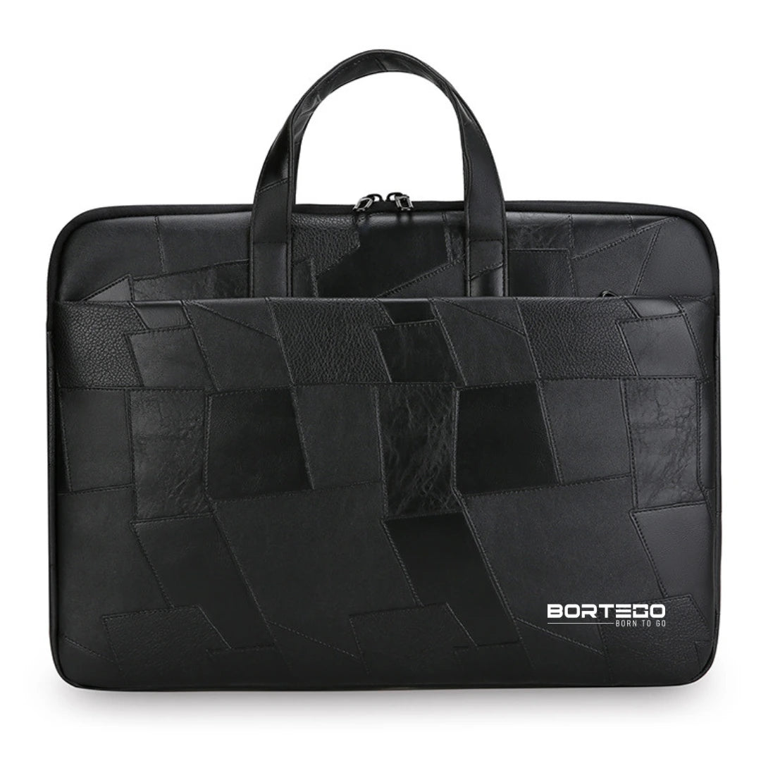 A black Bortego laptop sleeve featuring a geometric patchwork leather design with two top handles, shown against a plain white background.