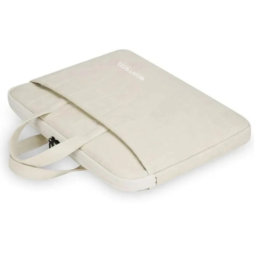 A light beige laptop sleeve with a matching fabric shoulder strap, featuring a zippered closure and a subtle white BORTEGO logo on the top surface, set against a plain white background.