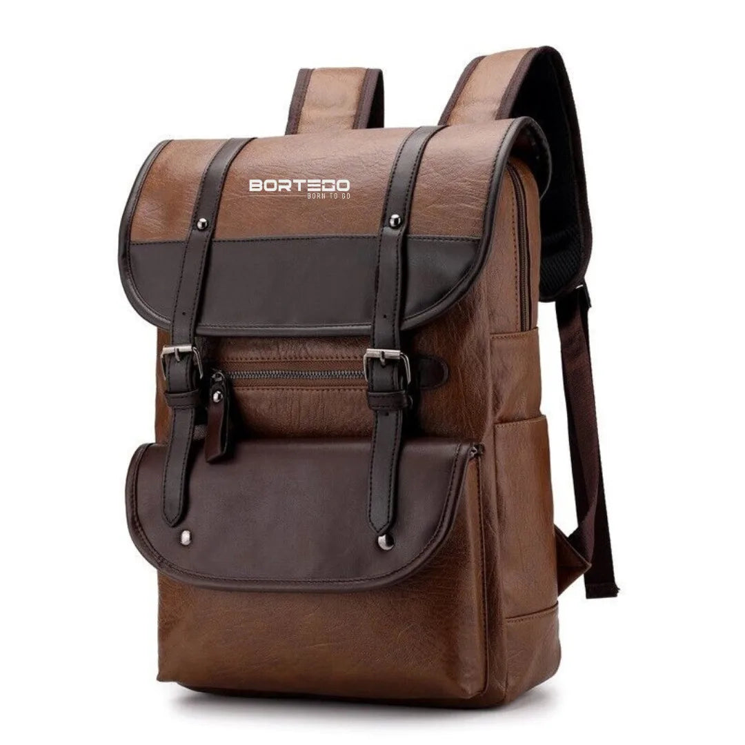 Brown backpack with black accents on a white background-bortego