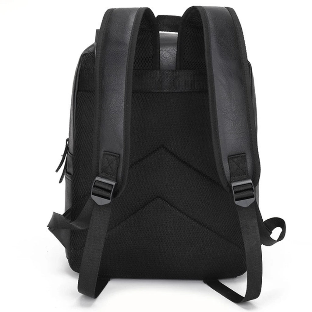 Black backpack shown from the back on a white background