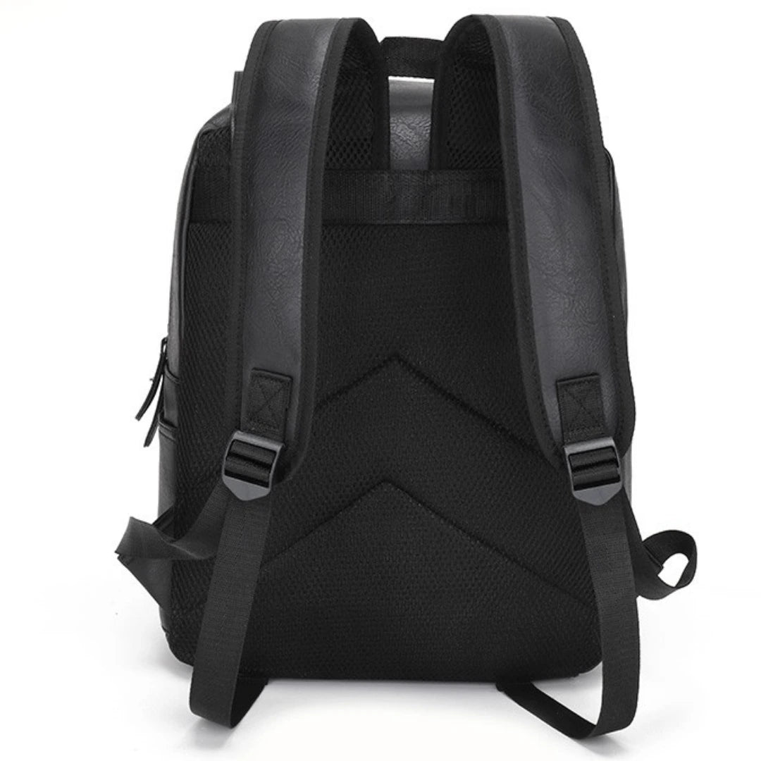 Black backpack shown from the back on a white background