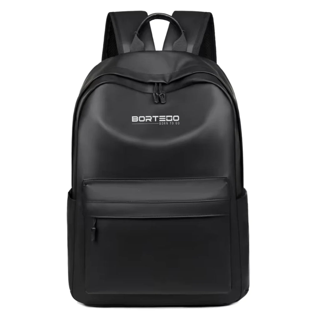 Black backpack with 'Bortego' branding on a white background