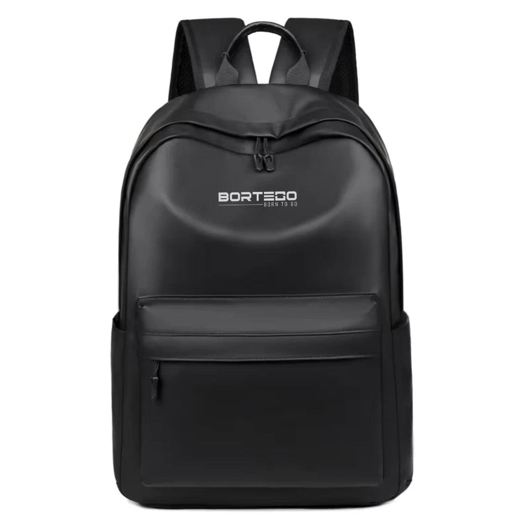Black backpack with 'Bortego' branding on a white background