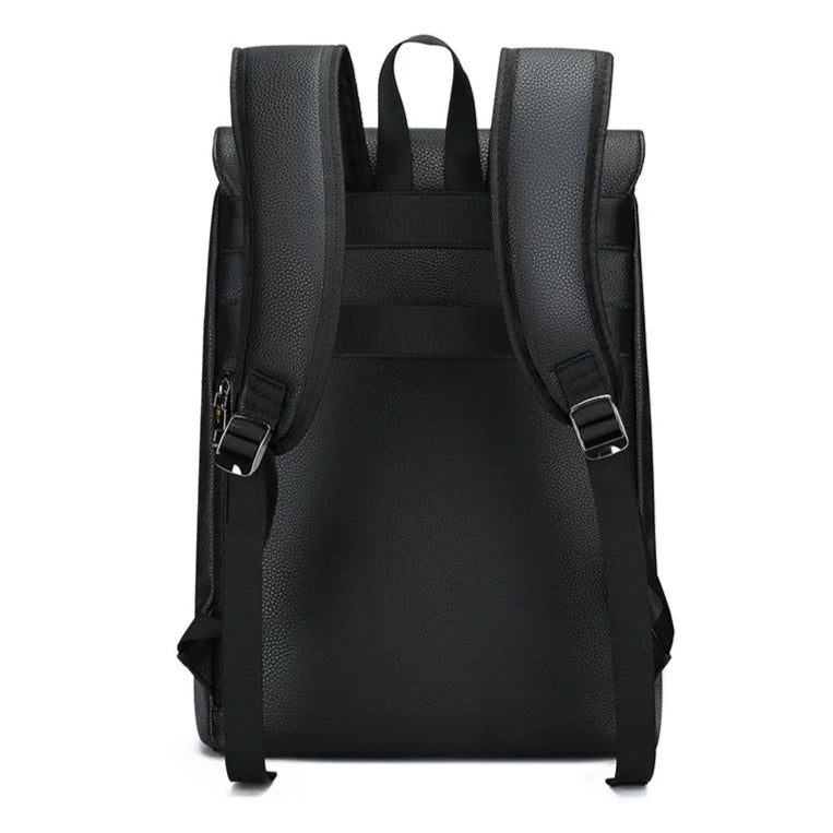 Black backpack shown from the back on a white background