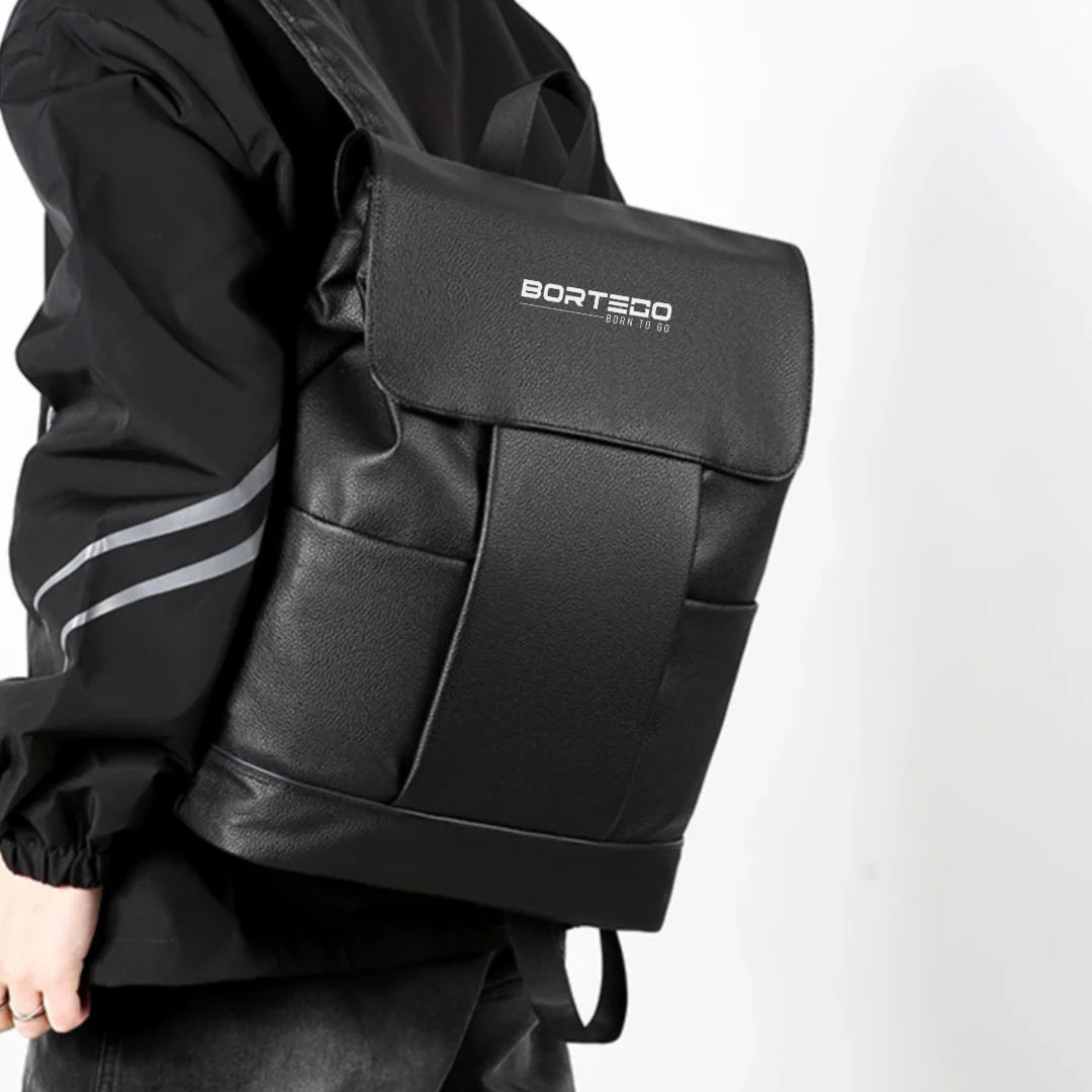 Black backpack with Bortego logo on a white background