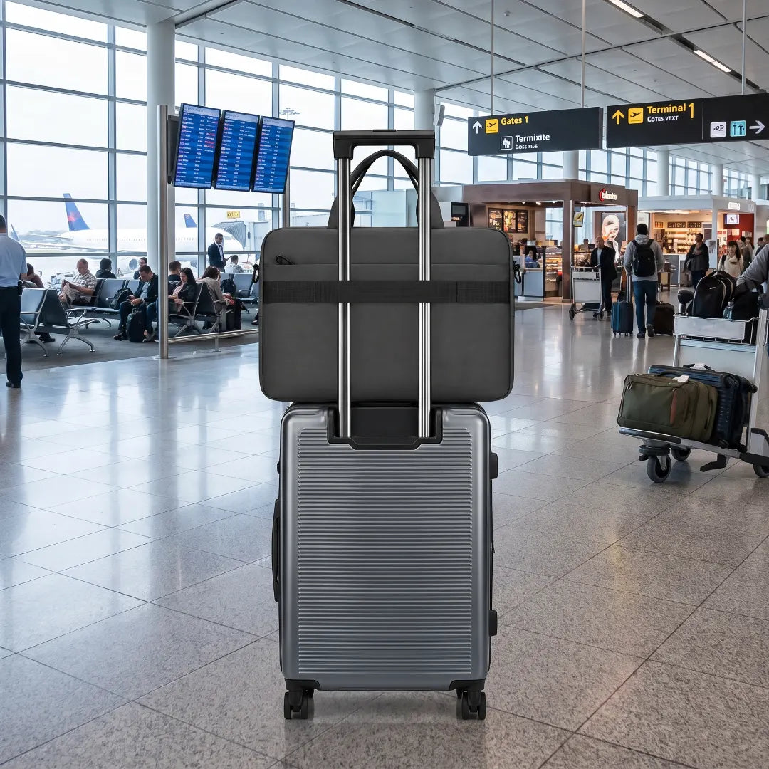 A gray hard-shell rolling suitcase with an attached dark gray backpack, photographed in an airport terminal with travelers and signage visible in the background.