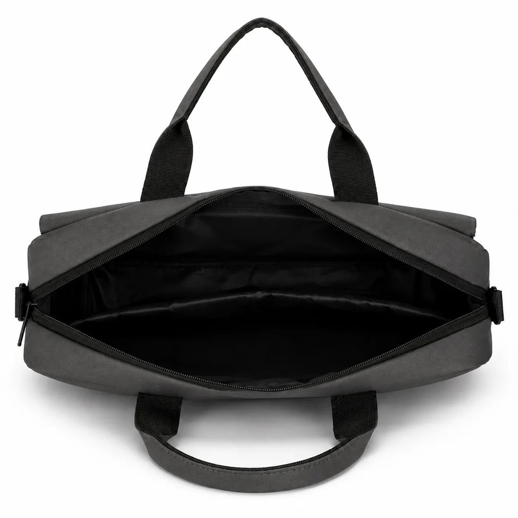 A dark gray tote bag shown open from a top-down view, displaying its black interior lining and dual top handles against a plain white background.