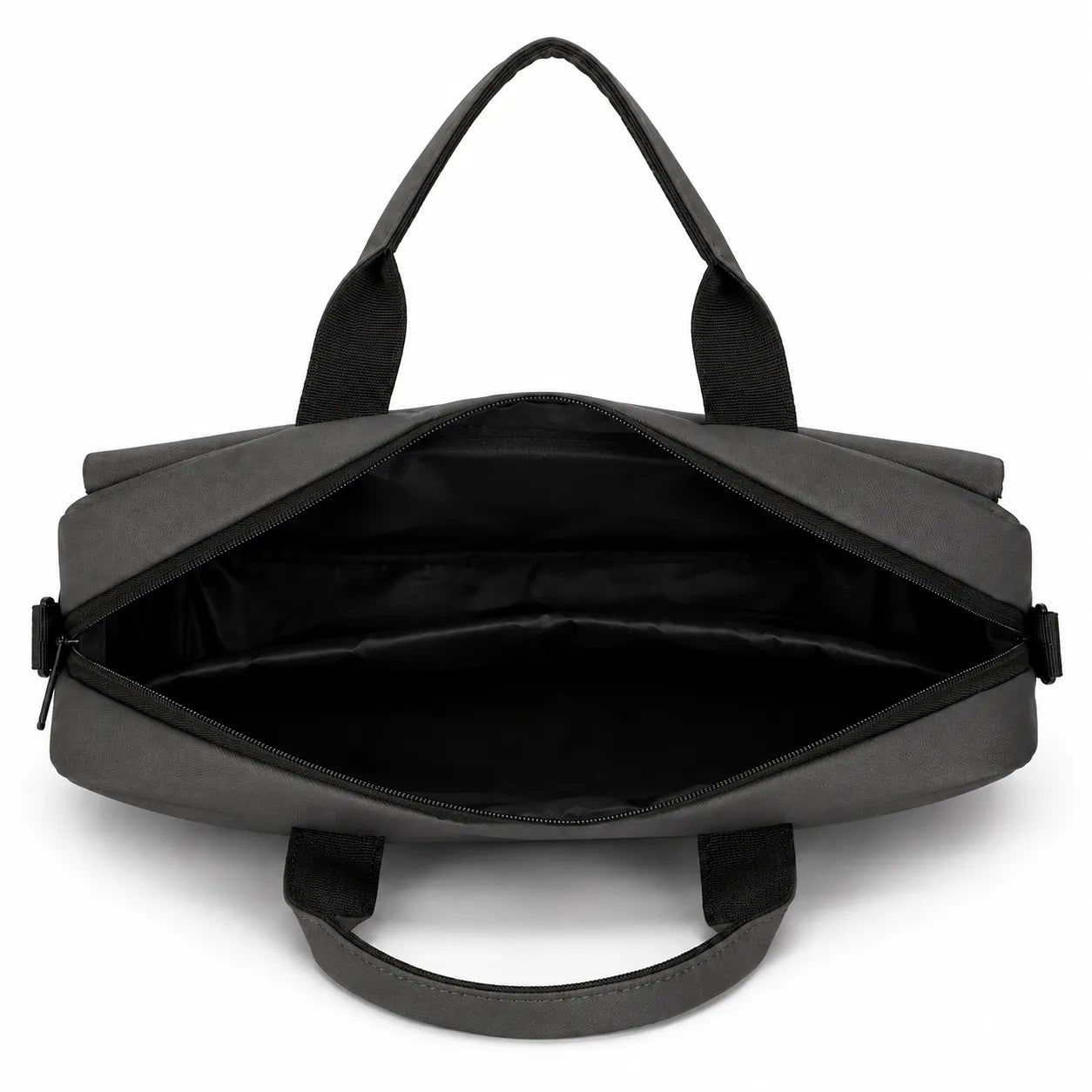 A dark gray tote bag shown open from a top-down view, displaying its black interior lining and dual top handles against a plain white background.