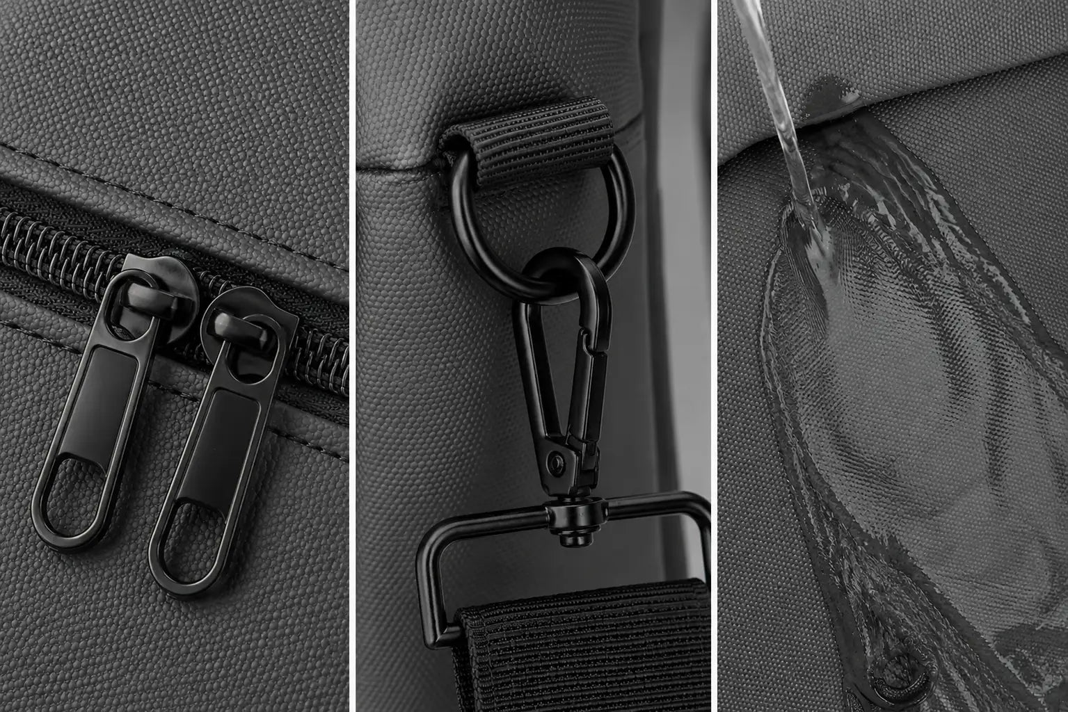 Three close-up product detail shots of a dark gray or black textured bag: zipper pulls, a carabiner clip attached to a strap, and water being poured over a waterproof section.