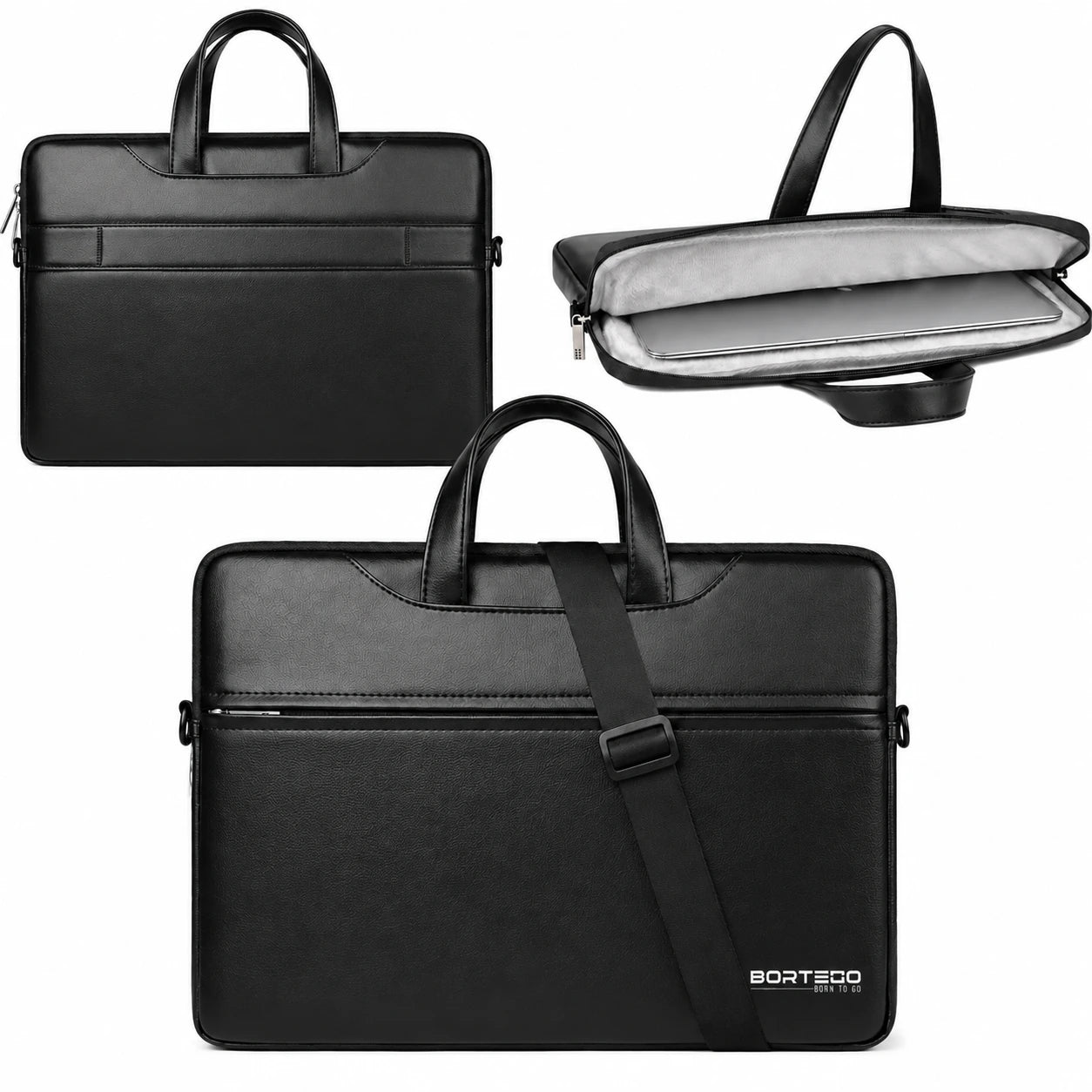 Black BORTEGO laptop briefcase shown from multiple angles: front view, open interior view, and front view with shoulder strap. The briefcase has top handles, a front zip pocket, and a gray interior lining.