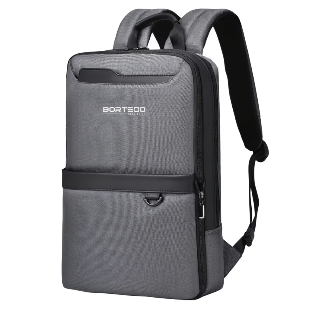 Gray backpack with black accents on a white background