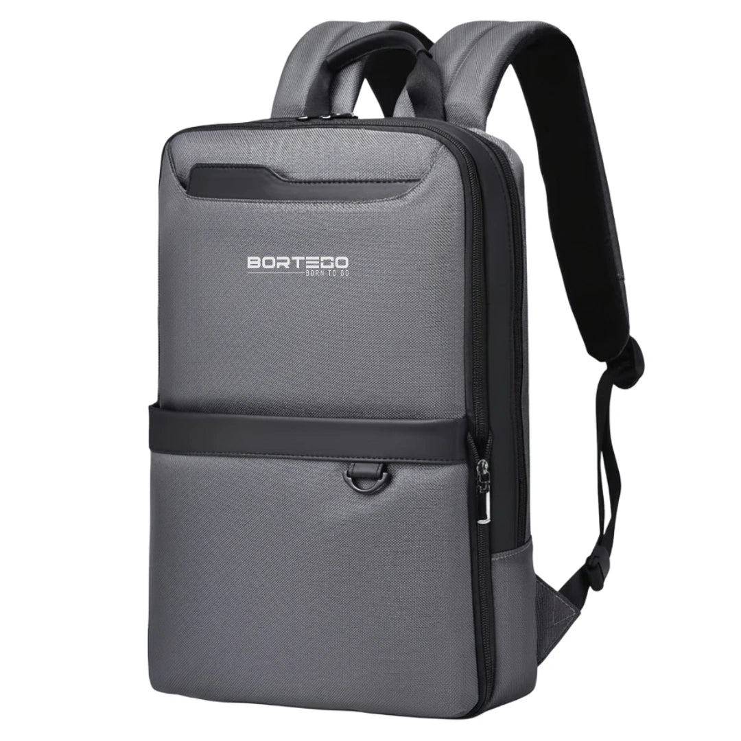 Gray backpack with black accents on a white background