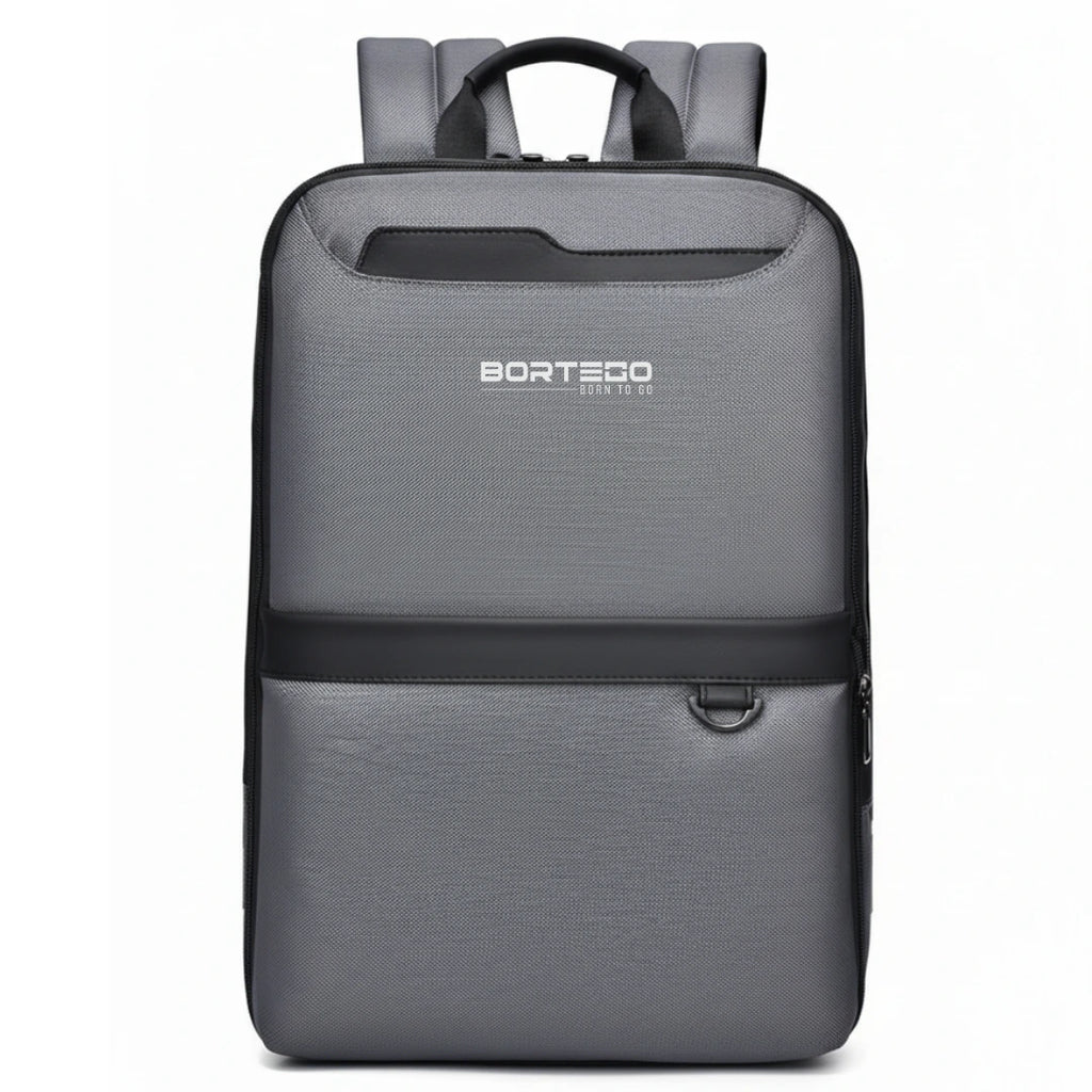 Gray backpack with Bortego logo on a white background