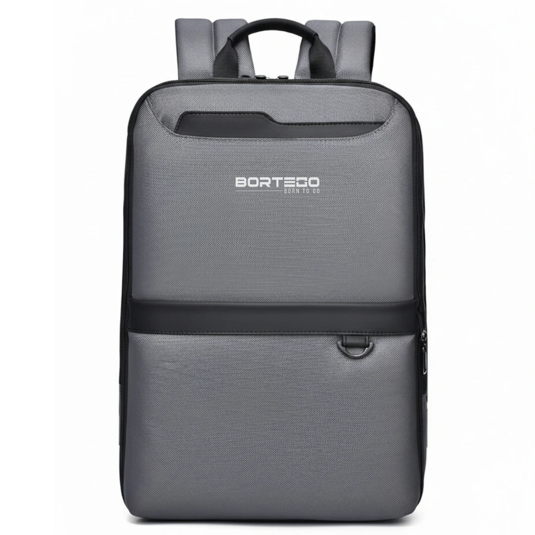 Gray backpack with Bortego logo on a white background