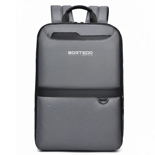 Gray backpack with Bortego logo on a white background