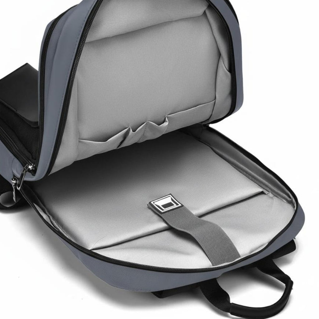 Gray backpack with open front compartment on a white background