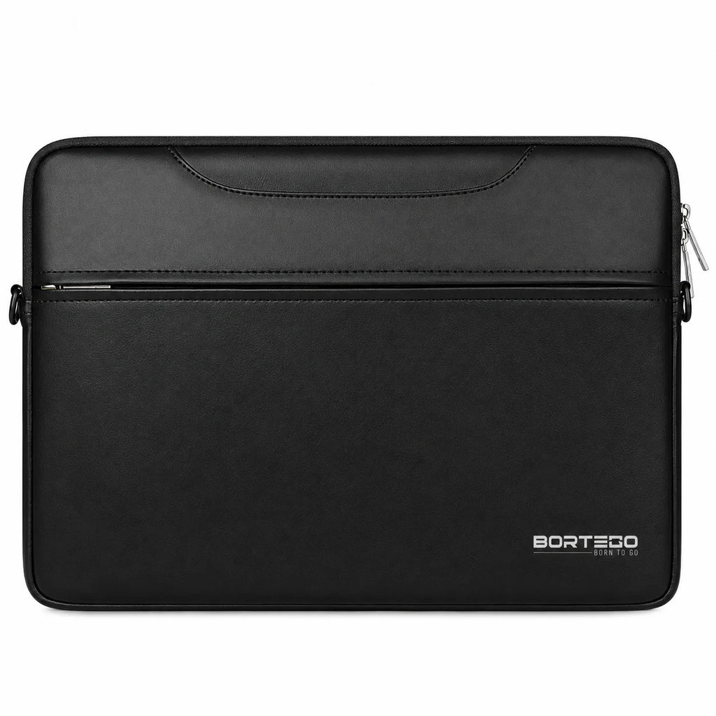 A black Bortego laptop sleeve with a front zippered pocket and a top handle cutout, shown against a plain white background.