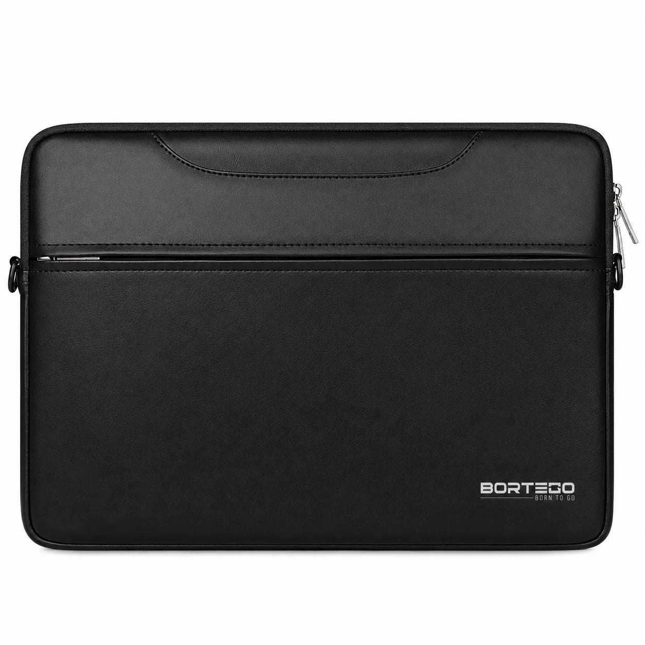 A black Bortego laptop sleeve with a front zippered pocket and a top handle cutout, shown against a plain white background.