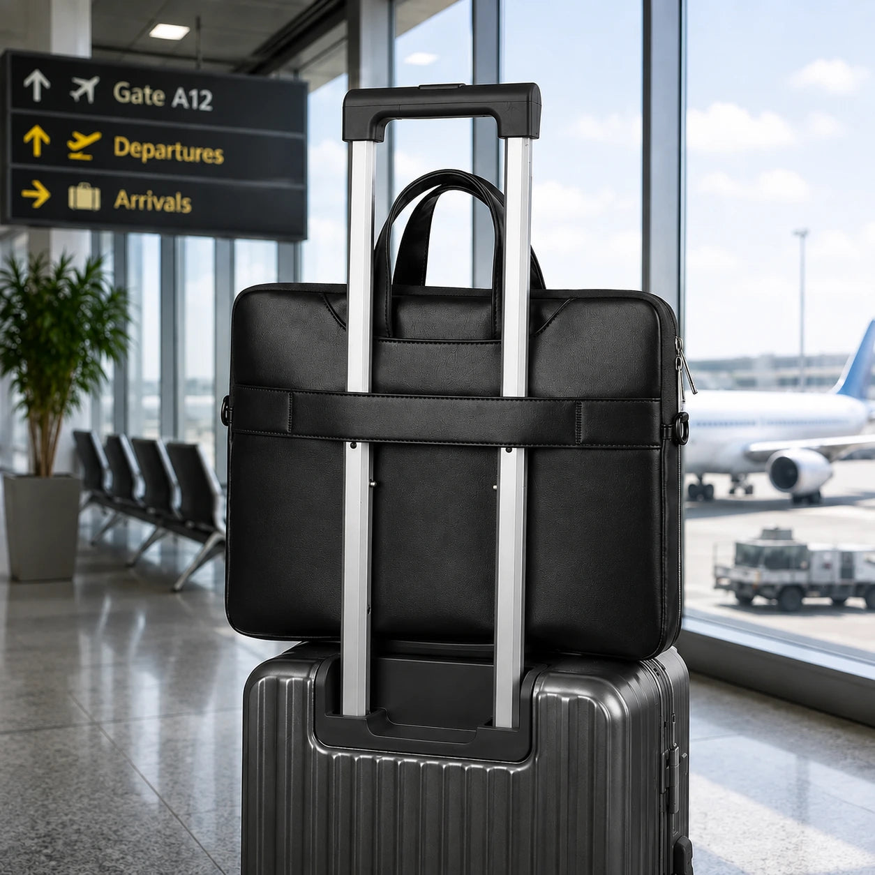 A black leather briefcase with an integrated telescoping handle is shown resting on top of a gray rolling suitcase in an airport terminal near a large window, with a departure sign and airplane visible in the background.